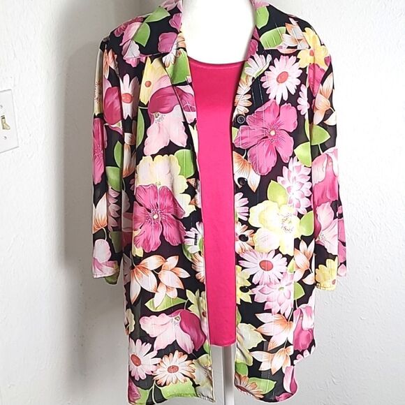 Gloria Lance Coordinated Blouse & Cami, Pink, Yellow, Green Flowers, Size 2X - Picture 1 of 8